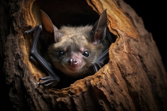 Evening Bat Sleeping in Hollow of Coconut Tree Trunk - Close-up of Pipistrellus Pipistrellus and Eptesicus Nilssonii on Brown Background
