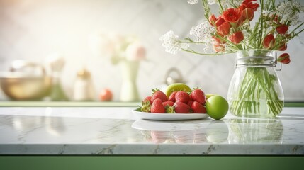 Interior of modern classic kitchen. Green facades, marble countertop, flowers in a glass vase, plate with fruits and berries, various crockery on the background. Contemporary home design.