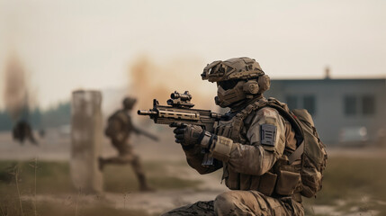 Fototapeta na wymiar A soldier with combat uniform, helmet and visor, machine gun, special forces or modern soldier