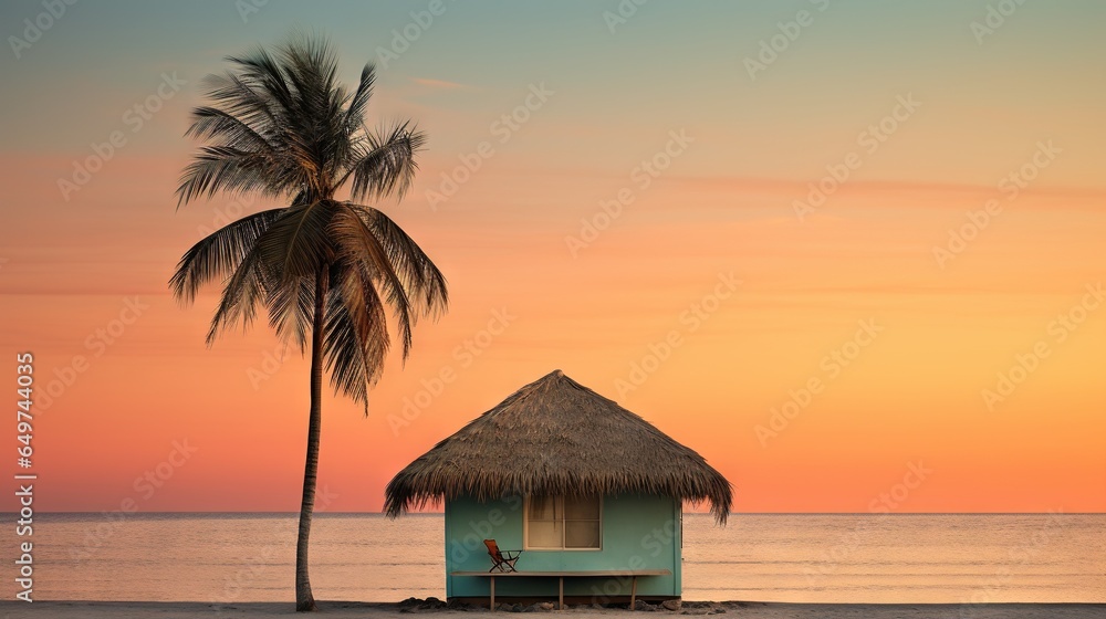Poster a hut on the beach with a palm tree in the foreground. generative ai