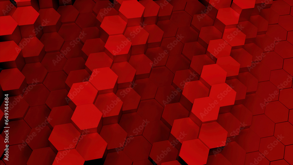 Poster abstract hexagonal mosaic red tiles. design. colorful wave motion of mosaic particles.