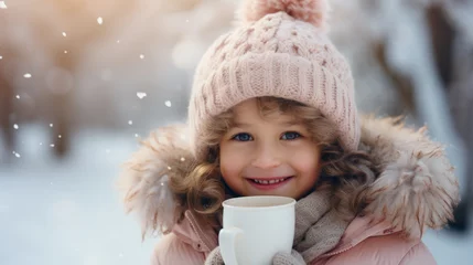 Foto op Aluminium Portrait of a child in winter clothes on frosty day as they sip hot cocoa from a steaming mug outdoors in the chilly winter air and beautiful light © Keitma