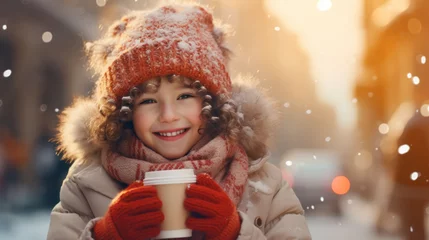 Crédence en verre imprimé Piments forts Portrait of a child in winter clothes on frosty day as they sip hot cocoa from a steaming mug outdoors in the chilly winter air and beautiful light