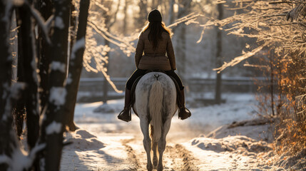 Equestrian galloping through a pristine snow-covered forest with tall trees with diffused light of a winter morning