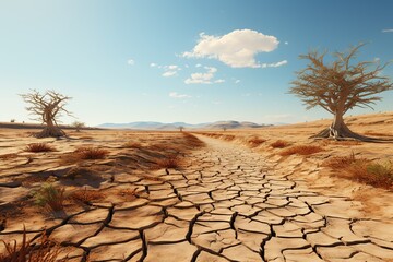Drought Consequences: Barren and cracked earth in an arid region suffering from severe drought.Generated with AI