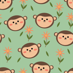 Seamless pattern of cartoon monkeys and flowers for fabric prints, textiles, gift wrapping paper. colorful vector for children, flat style
