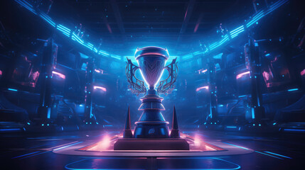 Sports trophy on stage with neon lights and futuristic design. - obrazy, fototapety, plakaty