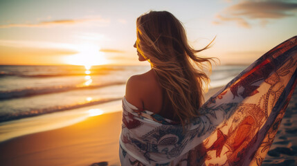 Young beautiful woman looking at sunset on the beach with a shawl on her shoulders on a fresh evening - Powered by Adobe