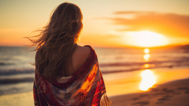 Young beautiful woman looking at sunset on the beach with a shawl on her shoulders on a fresh evening