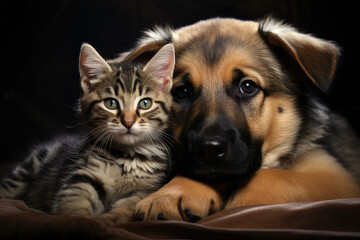 Adorable kitten and puppy resting together, two best friends