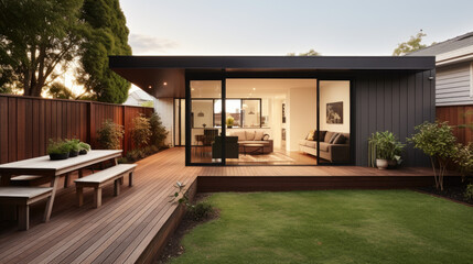The renovation of a modern home extension includes the addition of a deck, patio, and courtyard area.