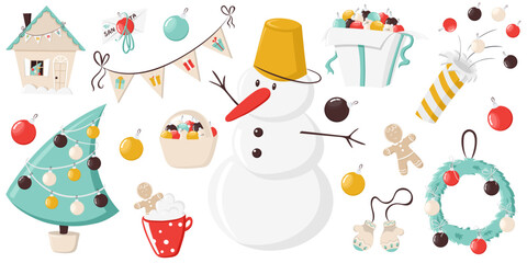 Bright and colourful set with snowman, Christmas tree, gingerbread, cracker, wreath, glass balls, garland. New Year and Christmas flat vector illustration isolated on white background for decoration