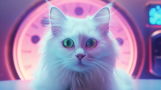 White cat with green eyes in a futuristic setting - AI Generated