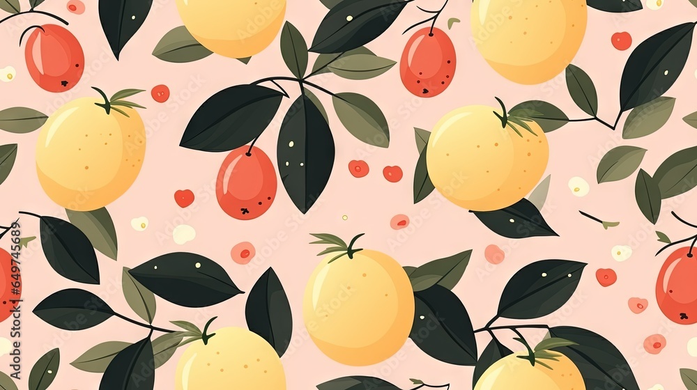 Poster a pattern of lemons and oranges on a pink background. generative ai