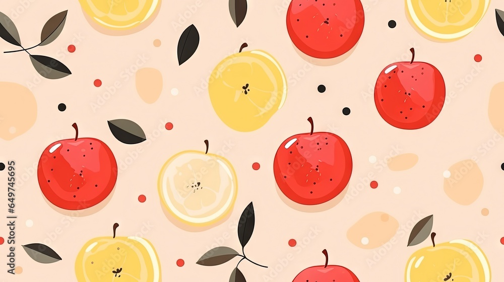 Poster a pattern of apples and lemons on a pink background. generative ai