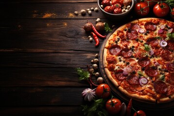 A pizza sitting on top of a wooden table. Imaginary food photo. - Powered by Adobe