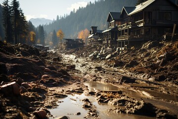 Landslide Damage: Mountainside homes buried under a landslide of mud and rocks.Generated with AI