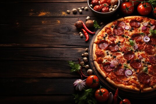 A pizza sitting on top of a wooden table. Imaginary food photo.