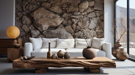 Interior of modern cozy living room with rustic decor in luxury villa. Stylish comfortable sofa, rough wooden coffee table, decorative stone wall, panoramic window. Eco home design. 3D rendering.
