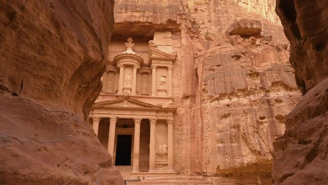Subjective shot walking through the Siq Canyon revealing the Treasury of Petra