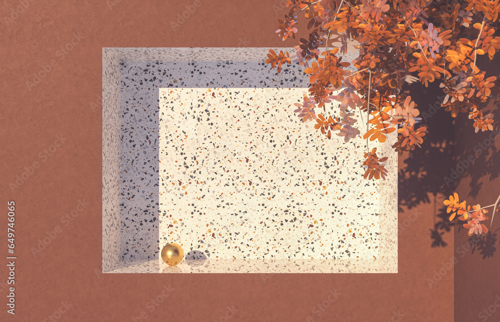 Poster abstract autumn scene with a podium for product display. 3d rendering.