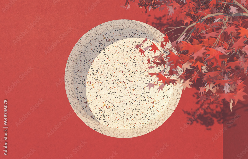 Fototapete abstract autumn scene with a podium for product display. 3d rendering.