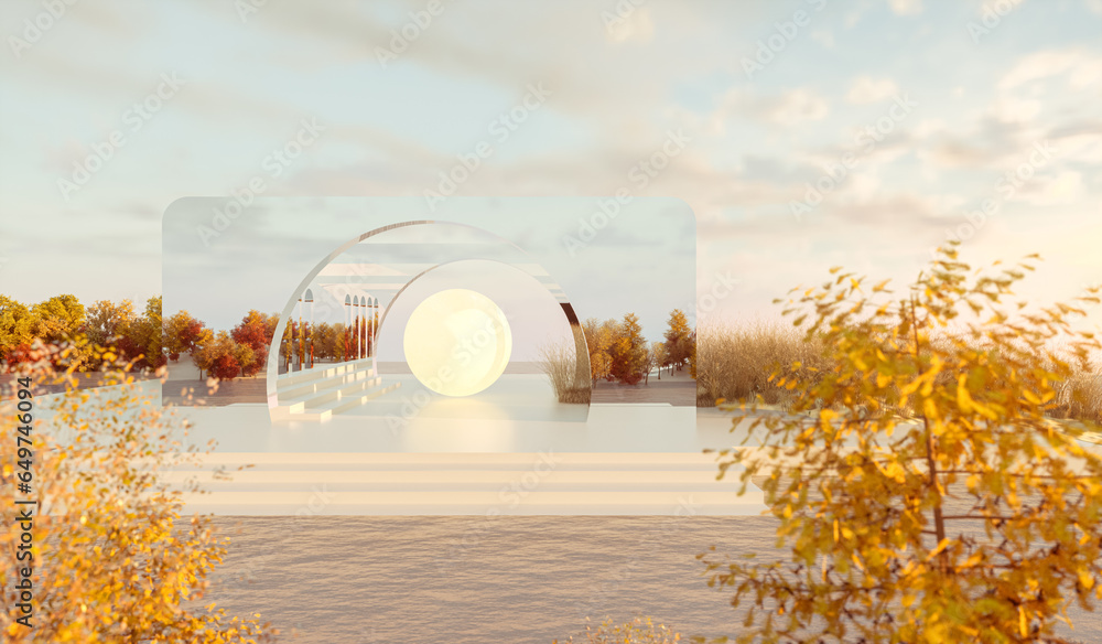 Poster abstract autumn scene with mirror architecture reflect autumn forest. 3d rendering.