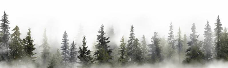 coniferous forest isolated on a white background panorama, tops of fir trees.