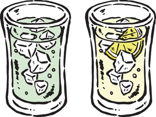 チューハイとレモンチューハイ（グラス）　手描きイラスト
