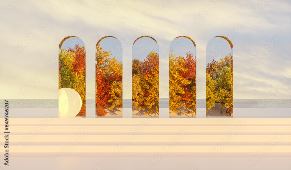 Leinwandbilder Abstract Autumn scene with mirror architecture reflect Autumn forest. 3d rendering.