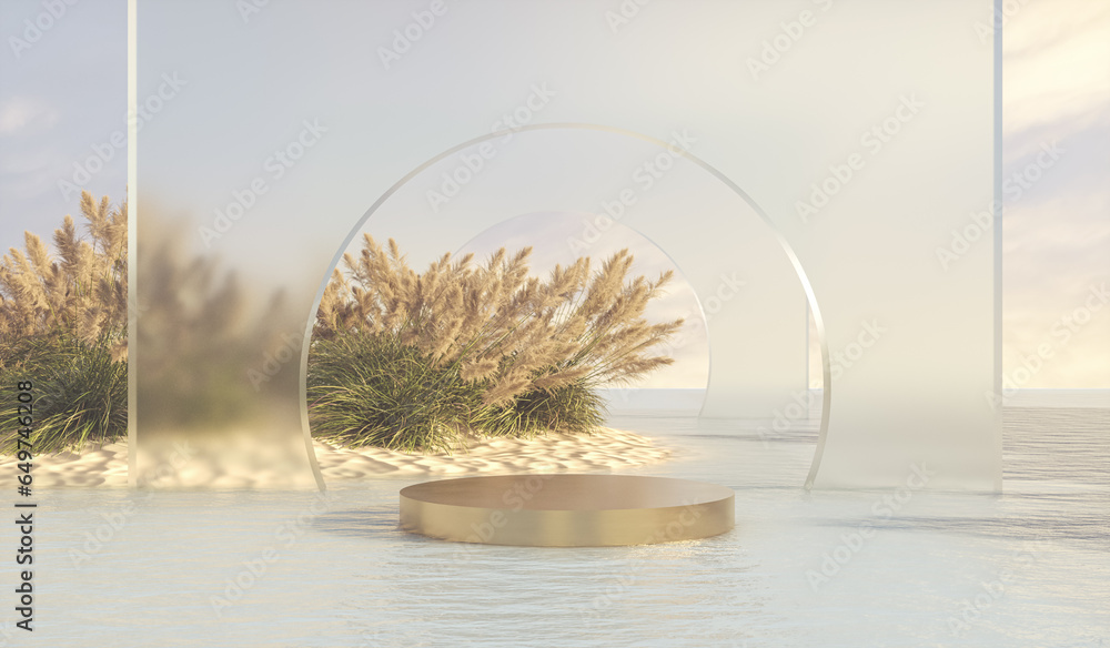 Fototapete abstract autumn scene with a podium for product display. 3d rendering.