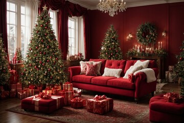 living room into a festive paradise with a stunning red sofa, a cozy armchair, and a Christmas tree adorned with an array of beautifully wrapped gift