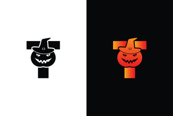 Halloween letter T logo Design. Halloween letter T logo or icon template design. Halloween pumpkin in a witch hat on white background