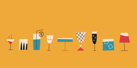 Flat style horizontal banner with colorful cocktail glasses and alcoholic drinks on  yellow background.