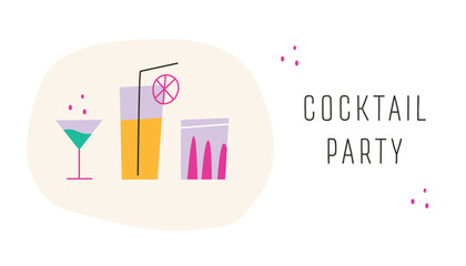 Vector cocktail party invitation banner with cocktail glasses. Modern design with white background.	

