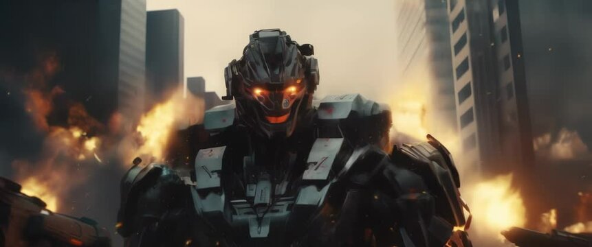 Futuristic big robot battle with burning city on a background. High quality 4k footage