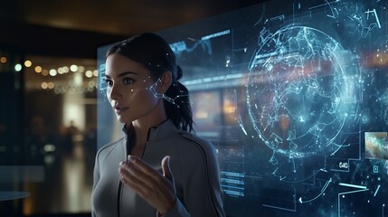 In this image, a woman is using a neural interface device for computing, highlighting advancements in biotechnology and the onset of the singularity, the future of brain-computer interaction