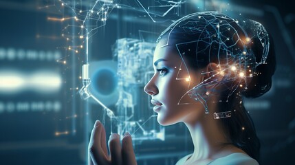 In this image, a woman is using a neural interface device for computing, highlighting advancements in biotechnology and the onset of the singularity, the future of brain-computer interaction - obrazy, fototapety, plakaty