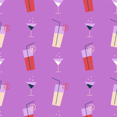 Flat style vector seamless pattern with martini and cocktail glasses on purple background. Concept for fabric and paper, surface textures.