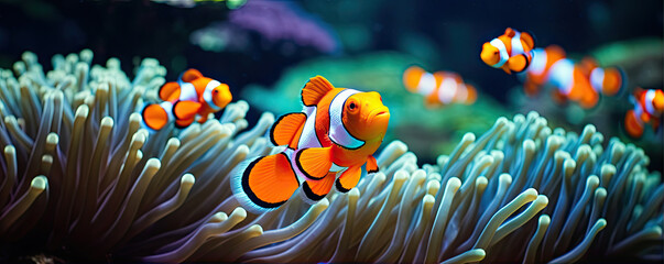 Clown fish swimming near corals. copy space for text.