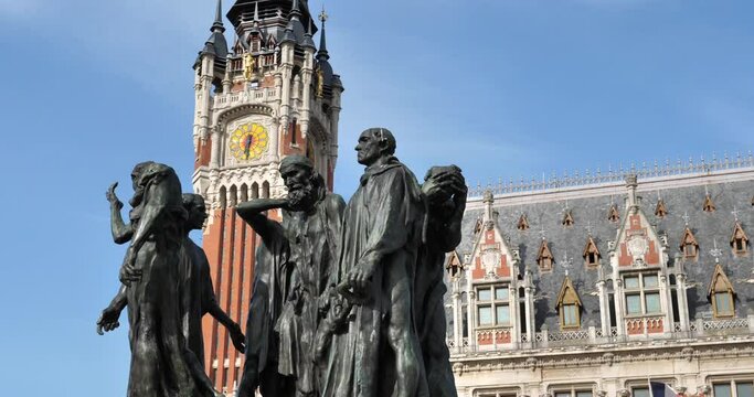 The Burghers of Calais and town hall, Pas de Calais department, France