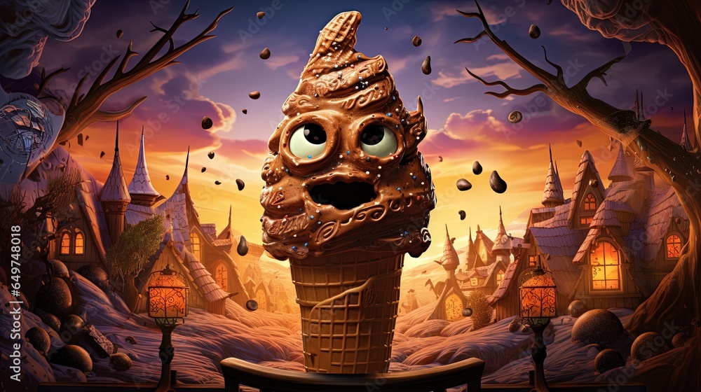 Poster an ice cream cone with a face sticking out of it. generative ai