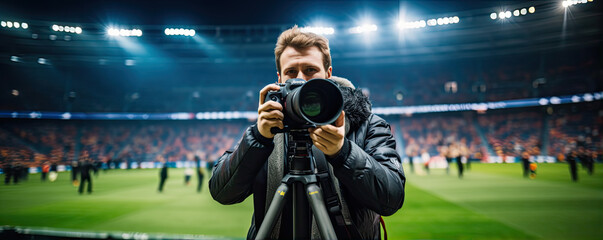 Press sport photographer with professional camera on football  stadium.