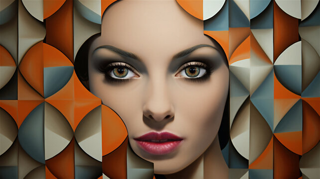 Surreal illustration of a woman whose face is framed within a colorful orange, white and blue pattern.