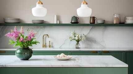 Interior of modern classic kitchen. Green facades, marble countertop and backsplash, flowers in vases, vintage pendant lamps, various crockery on the shelf. Contemporary home design.