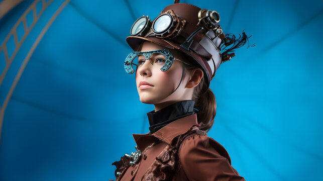 Colorful studio portrait of a teenager girl with steampunk outfit and accessories. Bold, vibrant and minimalist. Generative AI