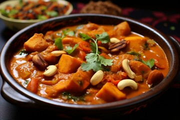 Spicy stew with sweet potatoes & cashew nuts. Generative AI
