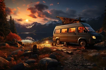 Fotobehang camping van parked in a beautiful natural setting, campfire clear night sky,Generated with AI © Chanwit