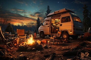 camping van parked in a beautiful natural setting, campfire clear night sky,Generated with AI