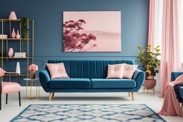 Patterned carpet in pink and blue living room interior with sofa against white wall. generative ai.